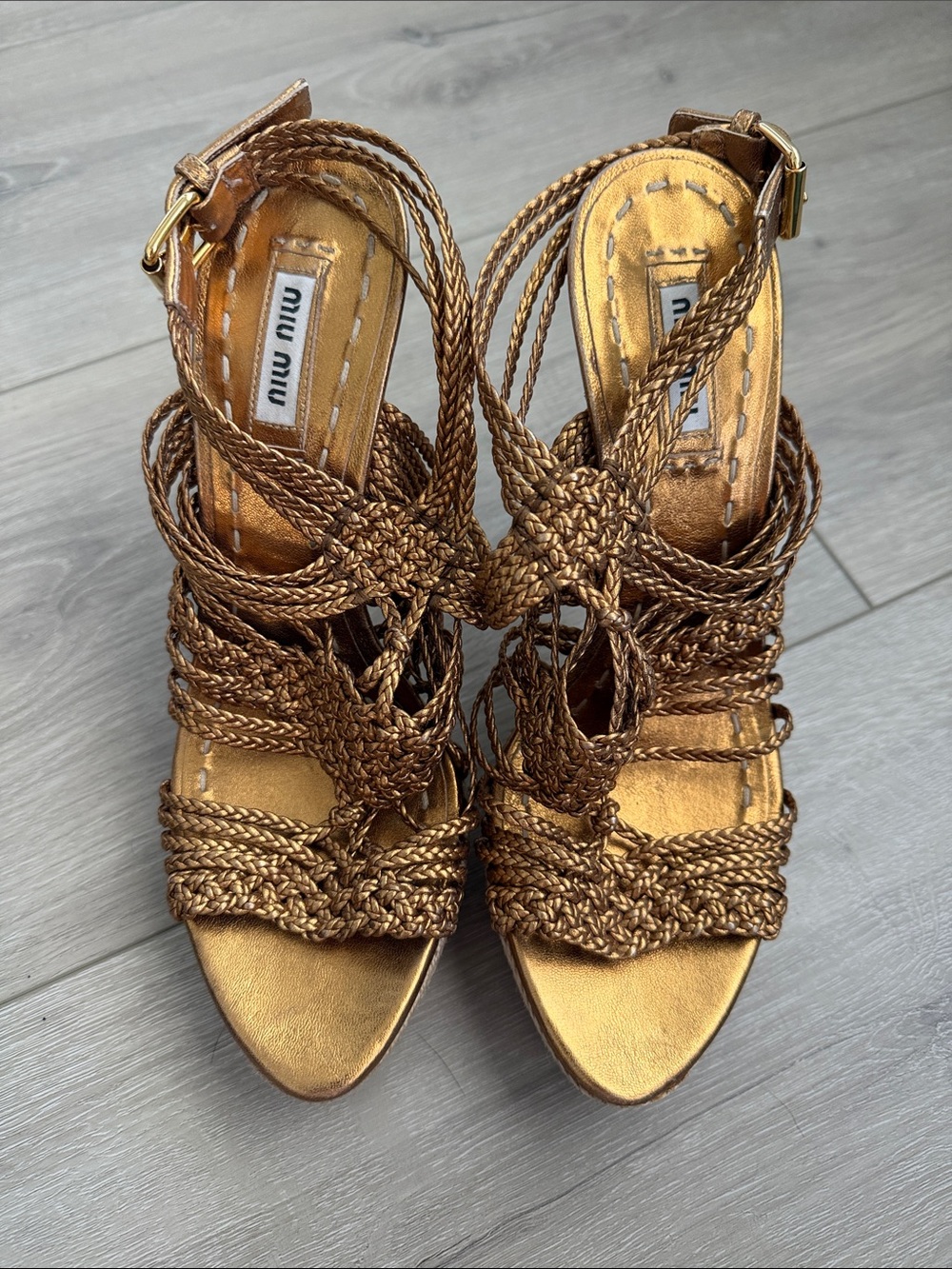 Miu Miu Braided Metallic Bronze Strappy High Heels
